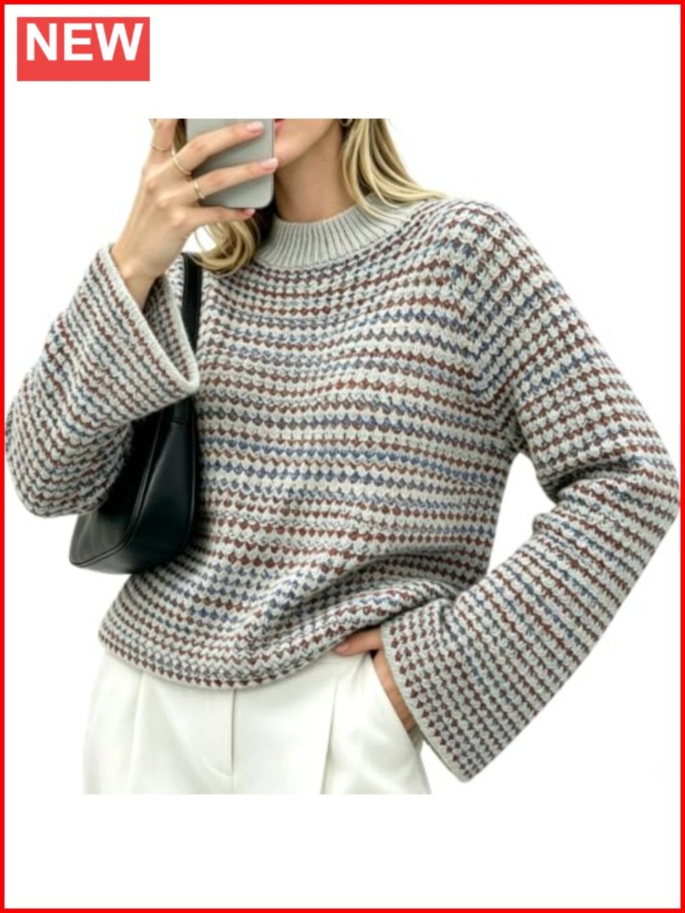 Womens Chunky Knit Mock Neck Sweater Retro Print Pullover Long Sleeve